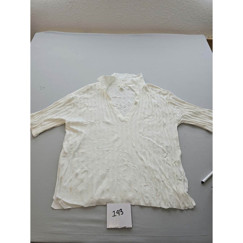 HM Womens White Ribbed Knit V-Neck Pullover Top Collared 3/4 Sleeve Size M